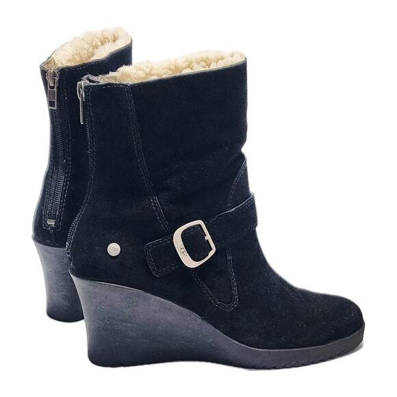 UGG Gissella Womens 10 Black Suede Shearling Lined Wedge Mid Calf Ankle Boots - Picture 5 of 9